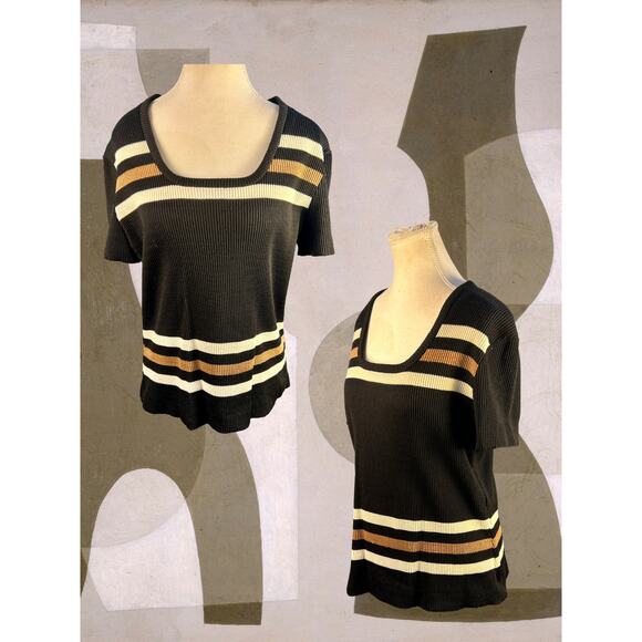 Deadstock Vintage 70s Act III Brown Tan White Stripe Stretch Top and Cardigan XL - Picture 3 of 5